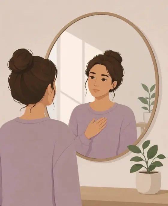 Ilustración de una mujer que se mira con calma en un espejo, rodeada de luz y plantas.